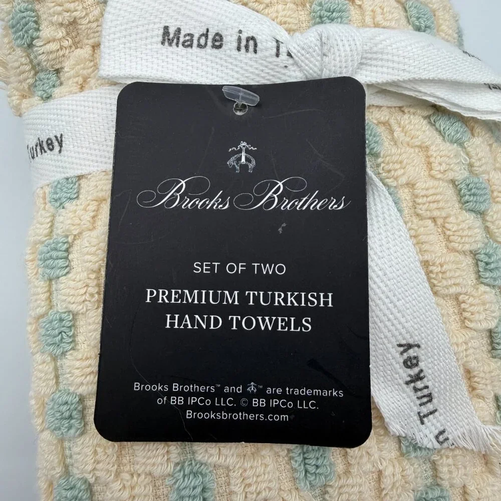 Brooks Brothers Premium Turkish Cotton Hand Towel Set of 2 Fringed Cream/Blue